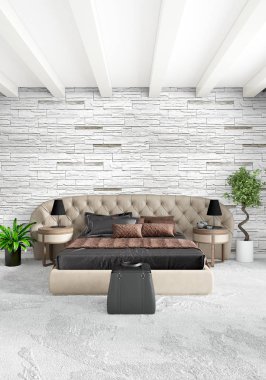 Dikey yatak odası en az ya da Loft tarzı iç tasarım. 3D render. Kavram fikir.