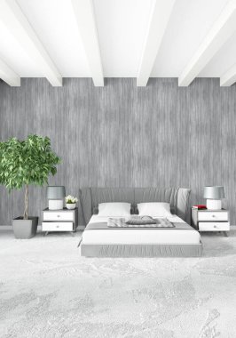 Dikey yatak odası en az ya da Loft tarzı iç tasarım. 3D render. Kavram fikir.