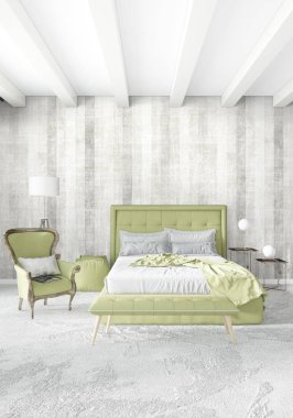 Dikey yatak odası en az ya da Loft tarzı iç tasarım. 3D render. Kavram fikir.