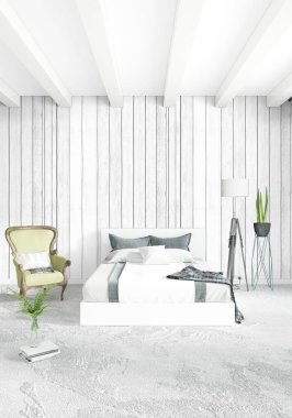 Dikey yatak odası en az ya da Loft tarzı iç tasarım. 3D render. Kavram fikir.