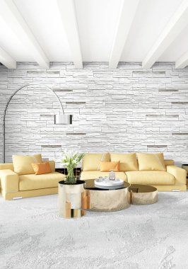 Dikey yatak odası en az ya da Loft tarzı iç tasarım. 3D render. Kavram fikir.