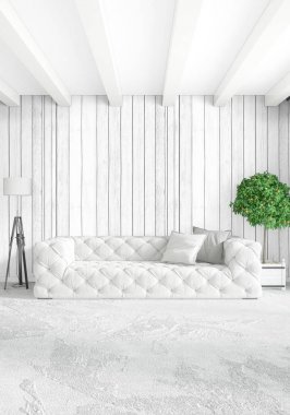 Dikey yatak odası en az ya da Loft tarzı iç tasarım. 3D render. Kavram fikir.