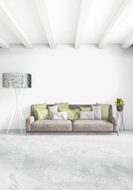 Dikey yatak odası en az ya da Loft tarzı iç tasarım. 3D render. Kavram fikir.