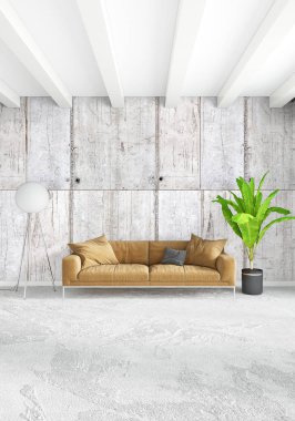 Dikey yatak odası en az ya da Loft tarzı iç tasarım. 3D render. Kavram fikir.