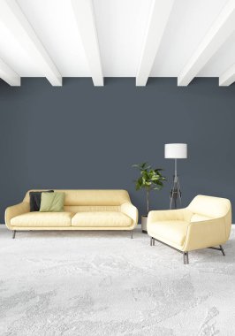 Dikey yatak odası en az ya da Loft tarzı iç tasarım. 3D render. Kavram fikir.
