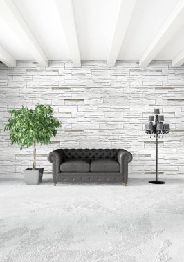 Dikey yatak odası en az ya da Loft tarzı iç tasarım. 3D render. Kavram fikir.