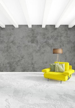 Dikey yatak odası en az ya da Loft tarzı iç tasarım. 3D render. Kavram fikir.