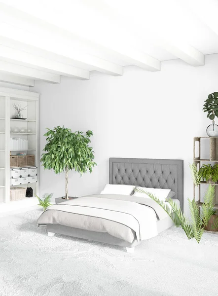 Dikey yatak odası en az ya da Loft tarzı iç tasarım. 3D render. Kavram fikir.