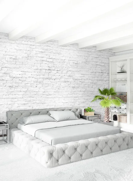 Dikey yatak odası en az ya da Loft tarzı iç tasarım. 3D render. Kavram fikir. — Stok fotoğraf