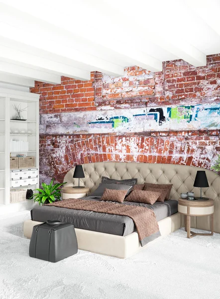 Dikey yatak odası en az ya da Loft tarzı iç tasarım. 3D render. Kavram fikir.