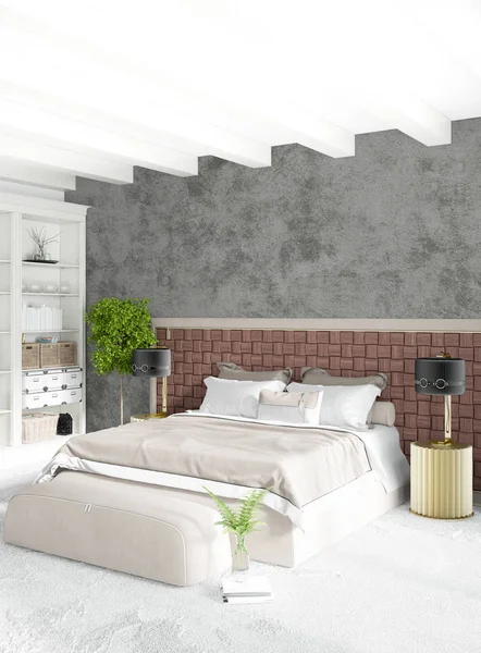 Dikey yatak odası en az ya da Loft tarzı iç tasarım. 3D render. Kavram fikir.