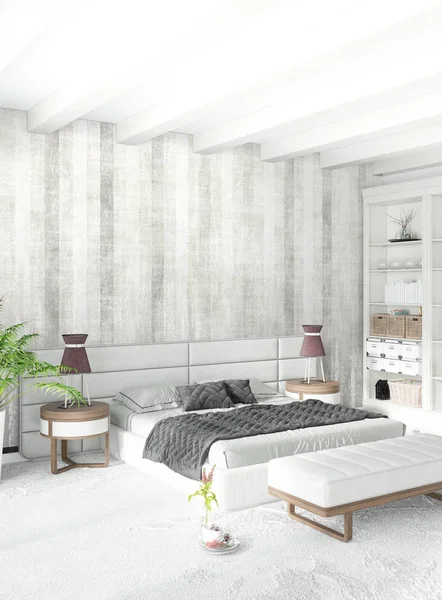 Vertikala sovrum Minimal eller loftstil inredning. 3D-rendering. Konceptidé. — Stockfoto