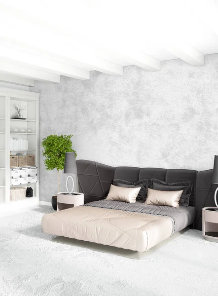 Dikey yatak odası en az ya da Loft tarzı iç tasarım. 3D render. Kavram fikir.