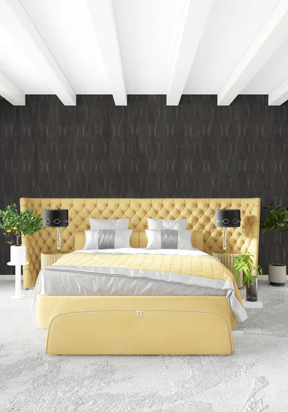 Dikey yatak odası en az ya da Loft tarzı iç tasarım. 3D render. Kavram fikir.