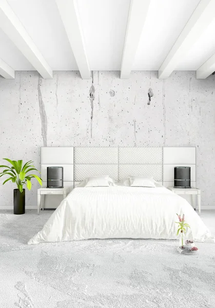 Dikey yatak odası en az ya da Loft tarzı iç tasarım. 3D render. Kavram fikir.