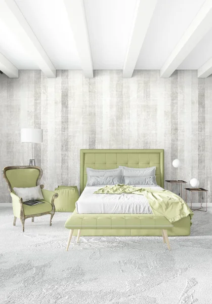 Dikey yatak odası en az ya da Loft tarzı iç tasarım. 3D render. Kavram fikir.