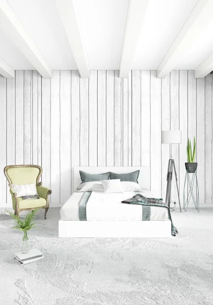 Dikey yatak odası en az ya da Loft tarzı iç tasarım. 3D render. Kavram fikir.