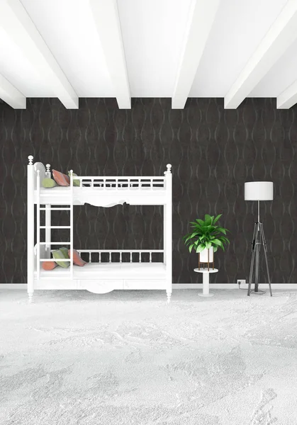 Dikey yatak odası en az ya da Loft tarzı iç tasarım. 3D render. Kavram fikir.