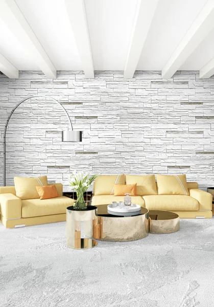 Dikey yatak odası en az ya da Loft tarzı iç tasarım. 3D render. Kavram fikir.