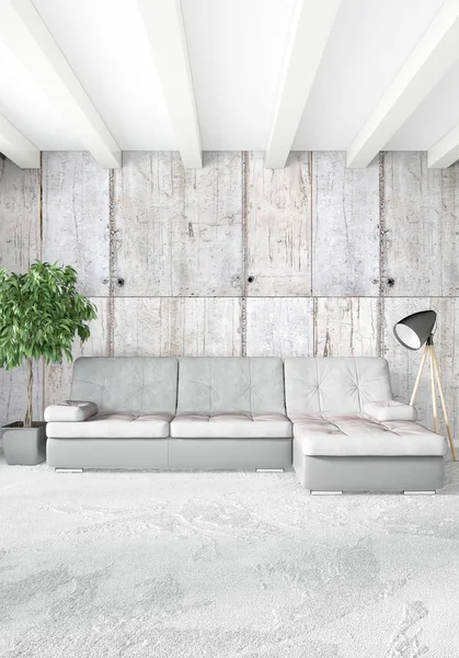 Dormitorio vertical de estilo minimalista o loft de diseño de interiores. Representación 3D. Concepto idea . — Foto de Stock