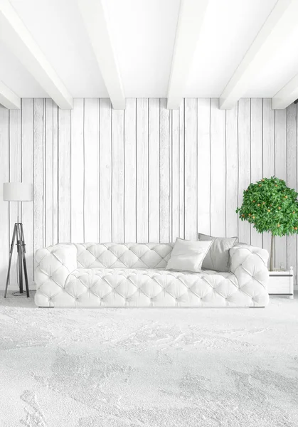 Dikey yatak odası en az ya da Loft tarzı iç tasarım. 3D render. Kavram fikir.