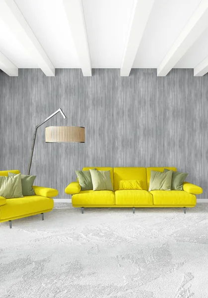 Dikey yatak odası en az ya da Loft tarzı iç tasarım. 3D render. Kavram fikir.