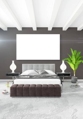 Dikey yatak odası en az ya da Loft tarzı iç tasarım. 3D render. Kavram fikir.