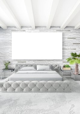 Dikey yatak odası en az ya da Loft tarzı iç tasarım. 3D render. Kavram fikir.