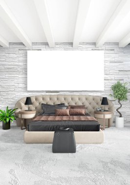 Dikey yatak odası en az ya da Loft tarzı iç tasarım. 3D render. Kavram fikir.