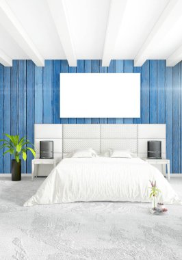 Dikey yatak odası en az ya da Loft tarzı iç tasarım. 3D render. Kavram fikir.