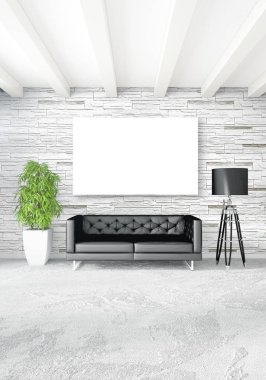 Dikey yatak odası en az ya da Loft tarzı iç tasarım. 3D render. Kavram fikir.