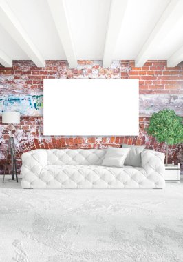 Dikey yatak odası en az ya da Loft tarzı iç tasarım. 3D render. Kavram fikir.