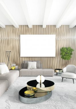 Dikey yatak odası en az ya da Loft tarzı iç tasarım. 3D render. Kavram fikir.