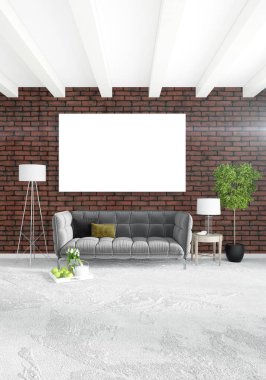 Dikey yatak odası en az ya da Loft tarzı iç tasarım. 3D render. Kavram fikir.