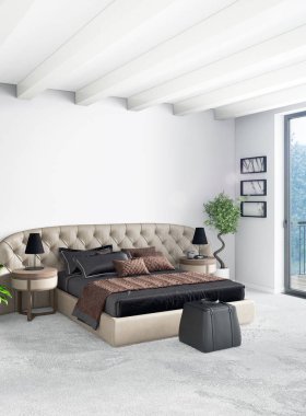 Dikey yatak odası en az ya da Loft tarzı iç tasarım. 3D render. Kavram fikir.