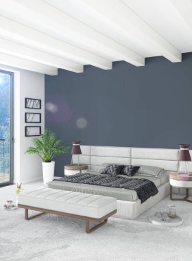 Dikey yatak odası en az ya da Loft tarzı iç tasarım. 3D render. Kavram fikir.