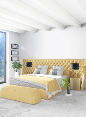 Dikey yatak odası en az ya da Loft tarzı iç tasarım. 3D render. Kavram fikir.