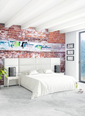 Dikey yatak odası en az ya da Loft tarzı iç tasarım. 3D render. Kavram fikir.