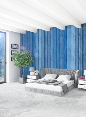 Dikey yatak odası en az ya da Loft tarzı iç tasarım. 3D render. Kavram fikir.