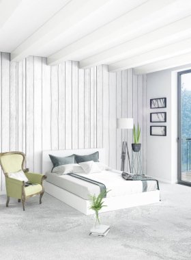 Dikey yatak odası en az ya da Loft tarzı iç tasarım. 3D render. Kavram fikir.