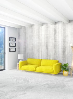 Dikey yatak odası en az ya da Loft tarzı iç tasarım. 3D render. Kavram fikir.