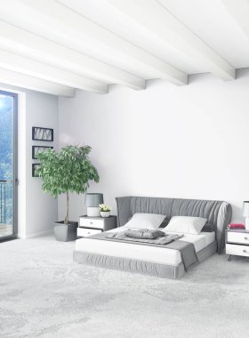 Dikey yatak odası en az ya da Loft tarzı iç tasarım. 3D render. Kavram fikir.