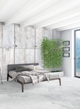 Dikey yatak odası en az ya da Loft tarzı iç tasarım. 3D render. Kavram fikir.