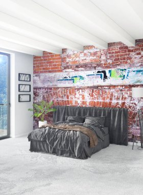 Dikey yatak odası en az ya da Loft tarzı iç tasarım. 3D render. Kavram fikir.