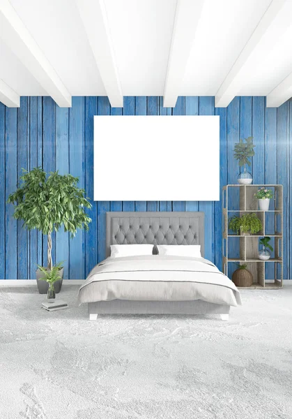 Dikey yatak odası en az ya da Loft tarzı iç tasarım. 3D render. Kavram fikir.