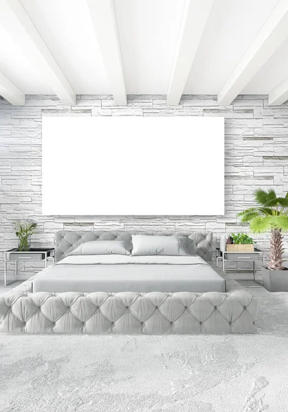 Dikey yatak odası en az ya da Loft tarzı iç tasarım. 3D render. Kavram fikir.