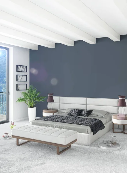 Dikey yatak odası en az ya da Loft tarzı iç tasarım. 3D render. Kavram fikir.