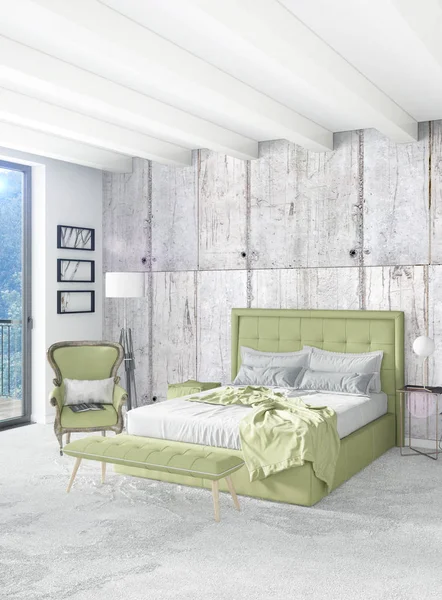 Vertical Bedroom Minimal or Loft style Interior Design. 3D Rendering. Concept idea. — Stock Photo, Image