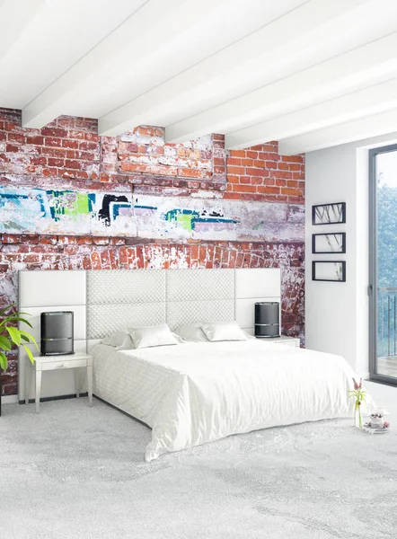 Dikey yatak odası en az ya da Loft tarzı iç tasarım. 3D render. Kavram fikir.