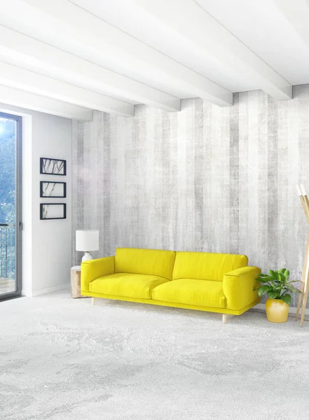 Dikey yatak odası en az ya da Loft tarzı iç tasarım. 3D render. Kavram fikir.